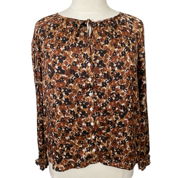 Brown floral keyhole button down long sleeve Ruffle cuff blouse - Picture 2 of 8